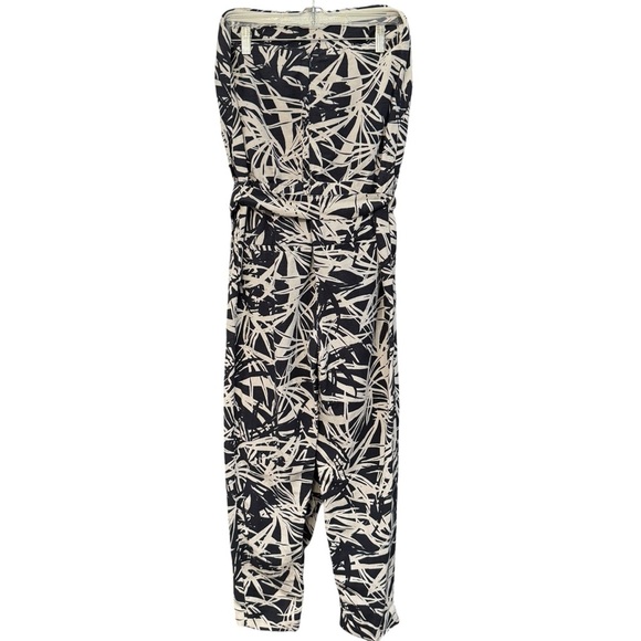 LOFT Strapless Linen Blend Palm Leaf Print Jumpsuit Black Beige Size 4 - Picture 2 of 8